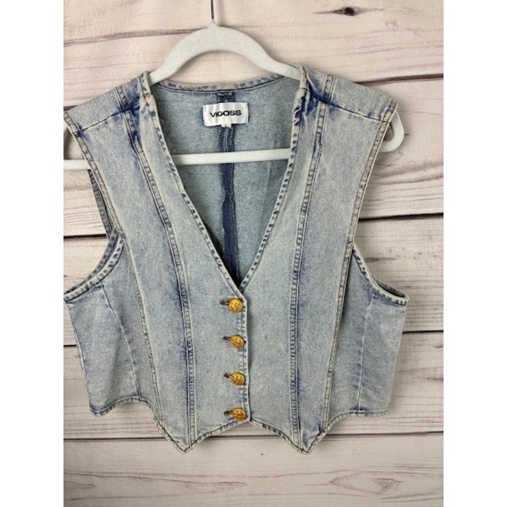 Vigoss Vintage Acid Wash Denim Vest Light Blue Gold Button Cropped Size Large